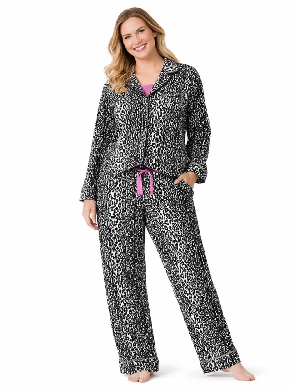 New Nick & Nora Flannel Pajama Set Black Leopard Animal Print Purple Size Small